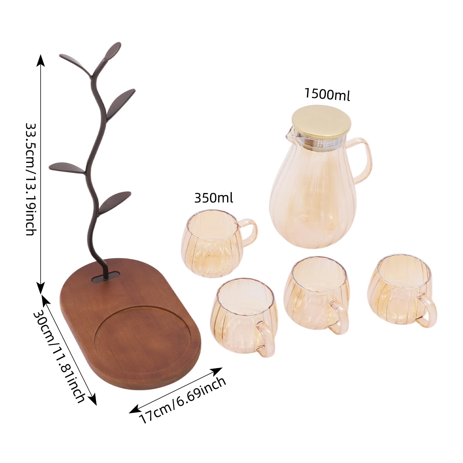Wasserkaraffe mit Deckel Glaskaraffe mit 4* Tassen & 1 * Rack Klar Glas Karaffe aus Borosilikat & Holz 1,5L