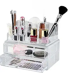 Organizador de Maquiagem Acrílico, 4 Gavetas, 16 Compartimentos, Transparente, 24x13,5x38 cm, Desmontável, Armazenamento de Cosméticos