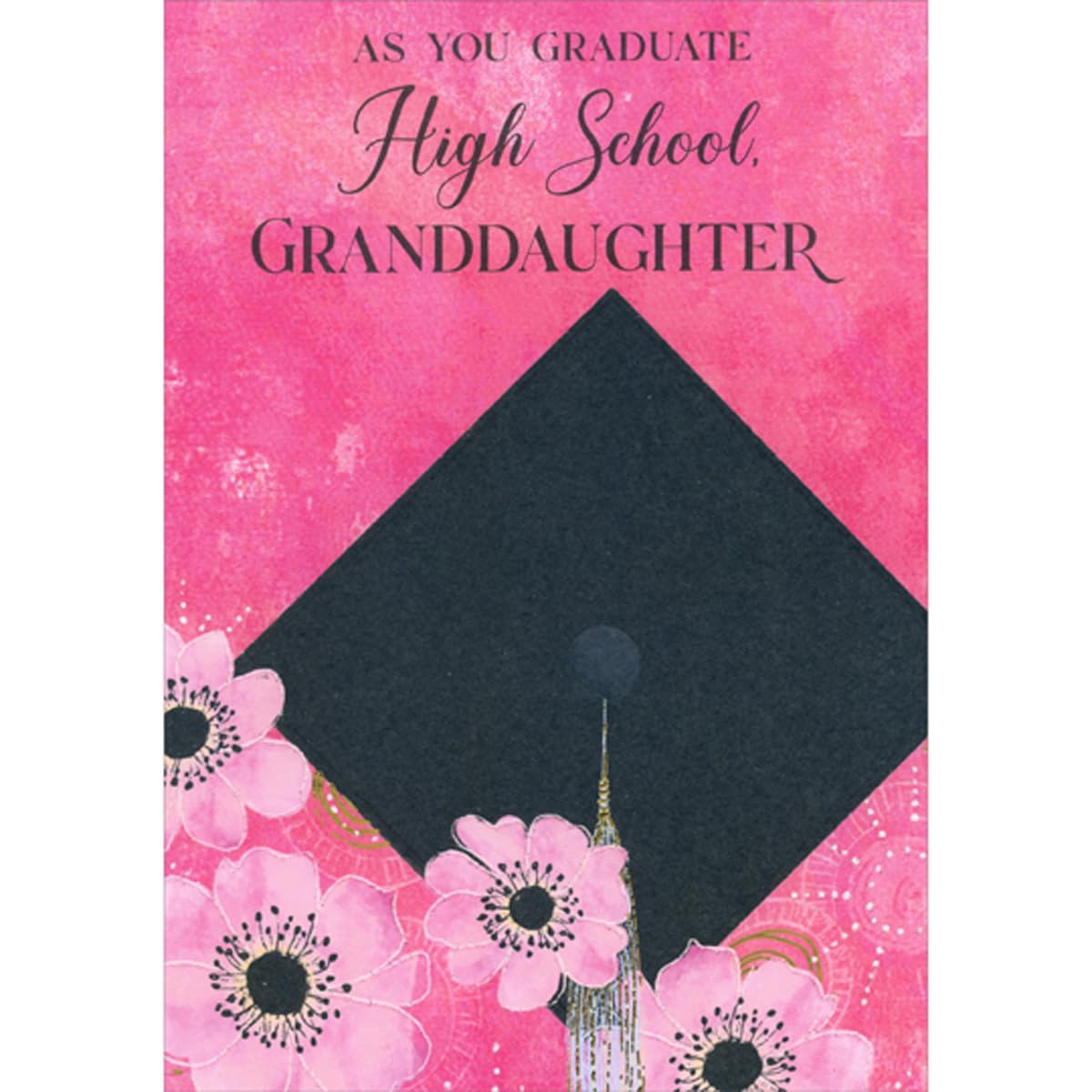 Designer Greetings Top of Grad Cap and Pink Flowers on Dark Pink High School Graduation Congratulations Card for Granddaughter