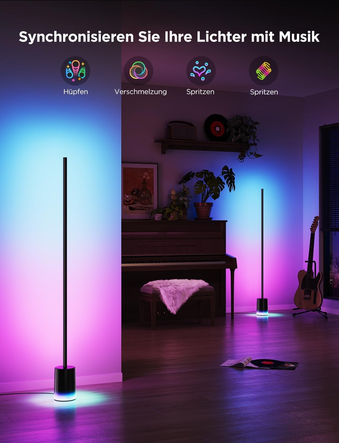 Govee LED Stehlampe Dimmbar RGBIC, 1725LM Stehlampe Wohnzimmer Arbeiten mit Matter,152cm RGBIC Moderne Schwarz,16 Millionen Farben Szenenmodi, Musikmodus für Deko Schlafzimmer Spielzimmer