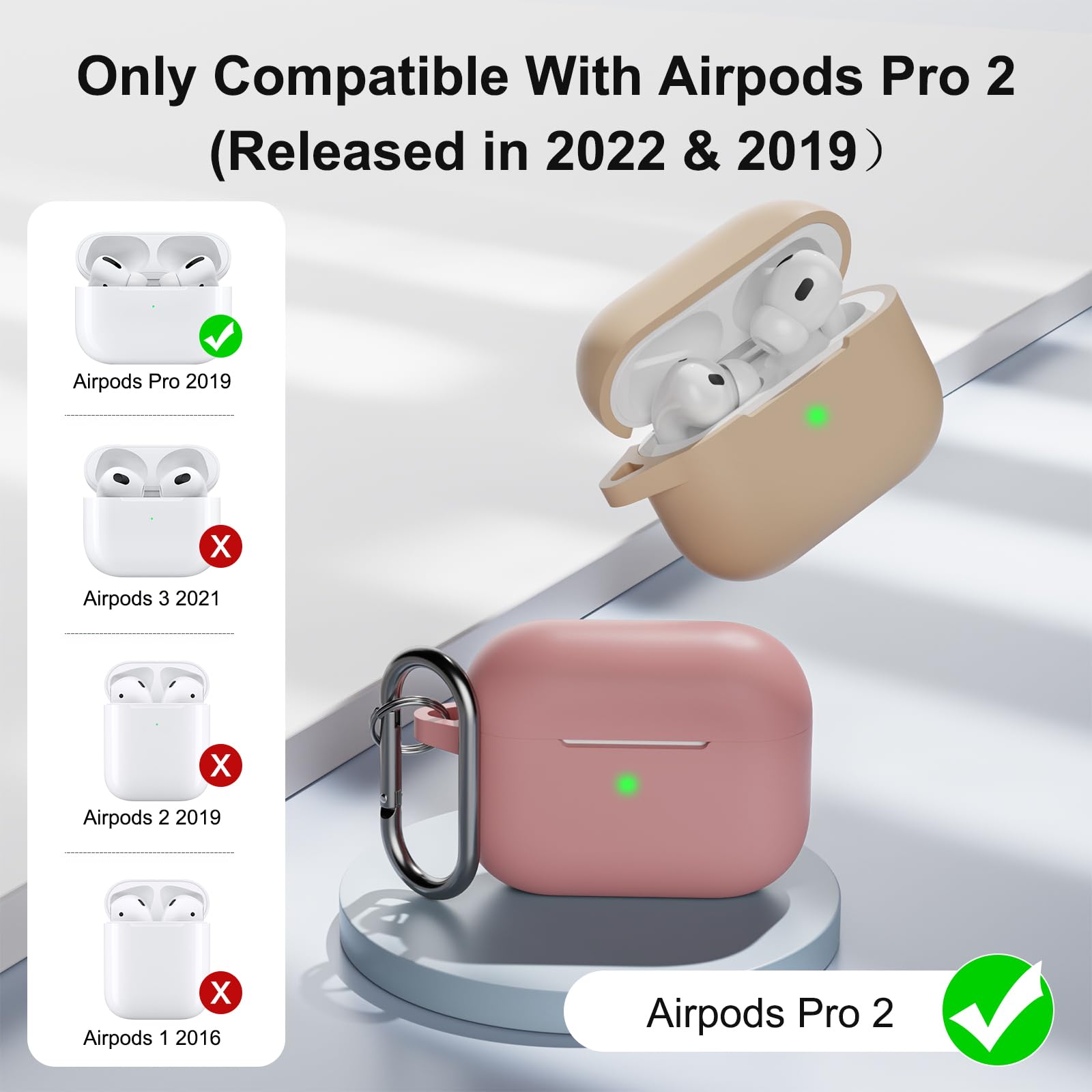 Custodia in Silicone Compatibile per AirPods Pro 2 2022 e 2019 con Kit di Pulizia, Case Cover Protettiva in Premium Silicone per Airpods Pro 2a e 1a Generazione con Moschettone, Bean Pink - 2