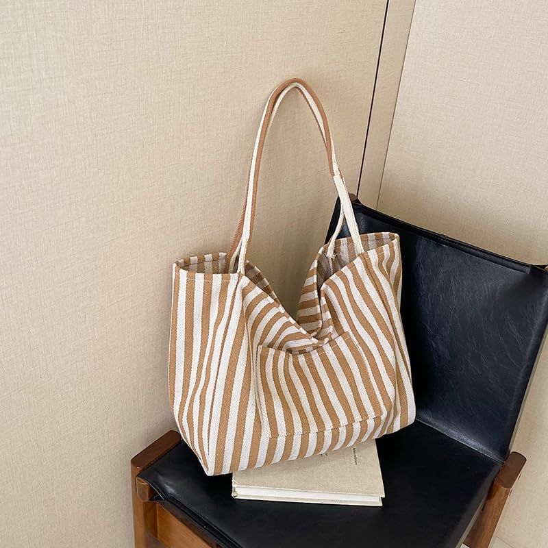 Women Striped Shoulder Bag Simple Carrying Bag Large Capacity Vertical Stripe Tote Bag Lightweight Stylish Shoulder Purse Can2