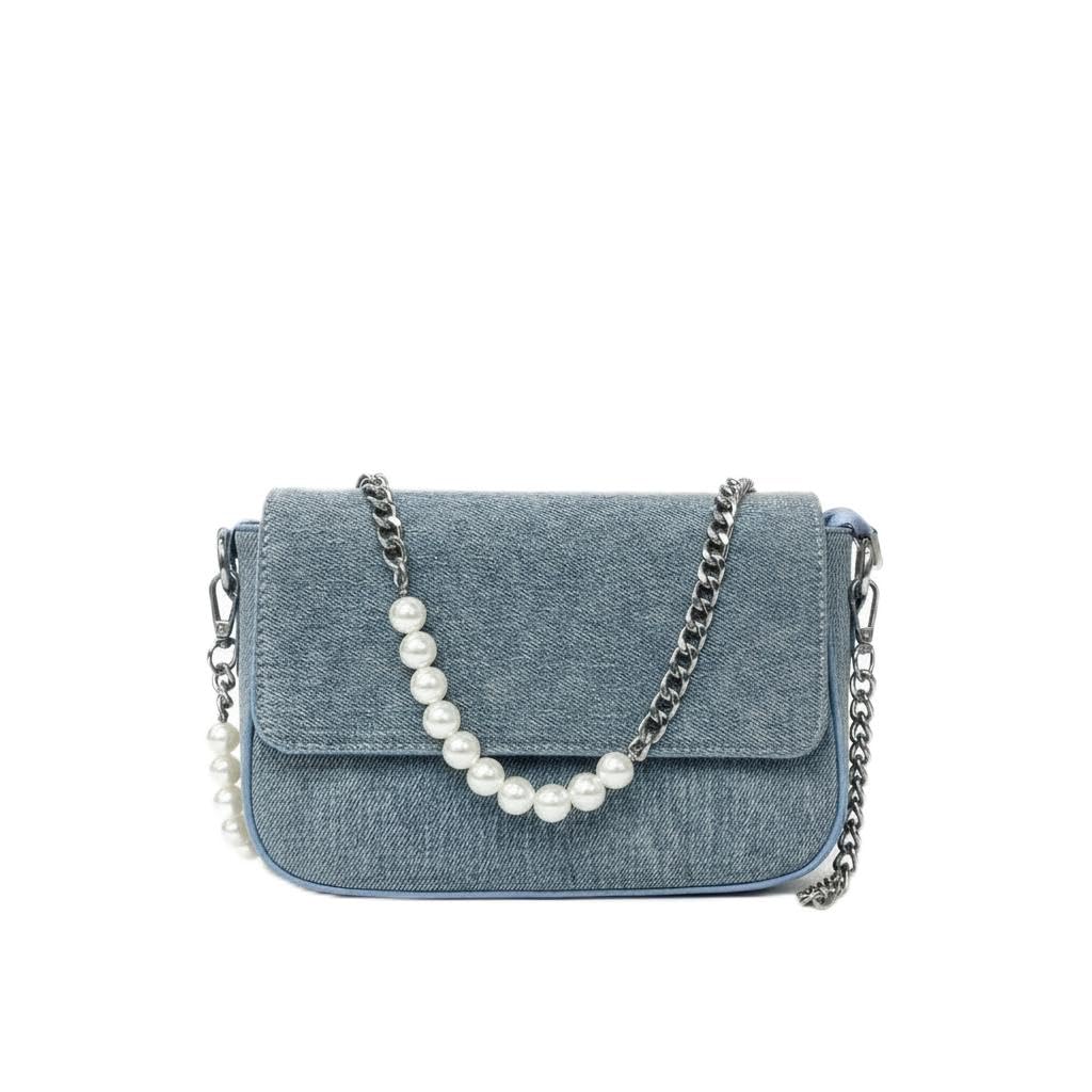 Denim Crossbody Bag with Pearl Embellishment and Chain Strap-image-49
