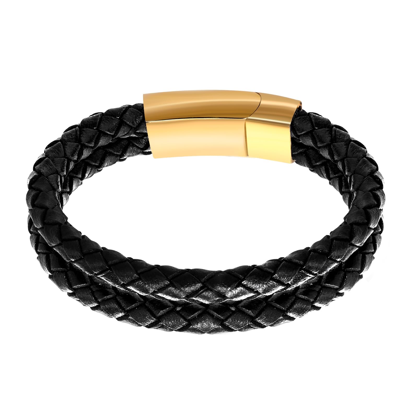Feifuli Mens Leather Bracelet with Clasp, Black Braided Leather With Black Inspirational Bangle Bracelets Wristband for Men, Gifts for Dad, Friends,