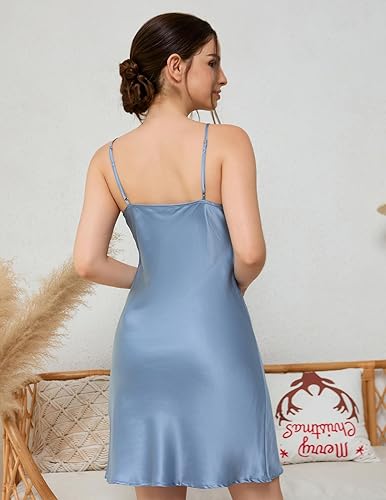 Miniatura 3 de THXSILK Camisón de seda para mujer, 100% real 19 Momme seda morera ropa de dormir cuello redondo tirantes espagueti camisón camisón