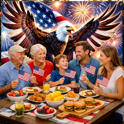 Image of BlissYard 4th of July Backdrop 8x6ft Patriotic Eagle Decorations American Flag Fireworks Banner Independence Day Party Decor for Outdoor Indoor Yard Photo Booth Red White Blue Stars Stripes