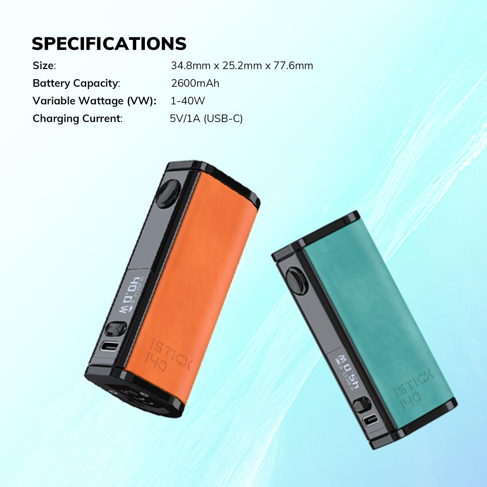 Eleaf Vape Istick I40 MOD Box 2600mah 20mm 40W OLED Screen USB-C Fast  Rechaegerable Artificial Leather E Cigarette No Nicotine Free Orange :  Amazon.co.uk: Health & Personal Care