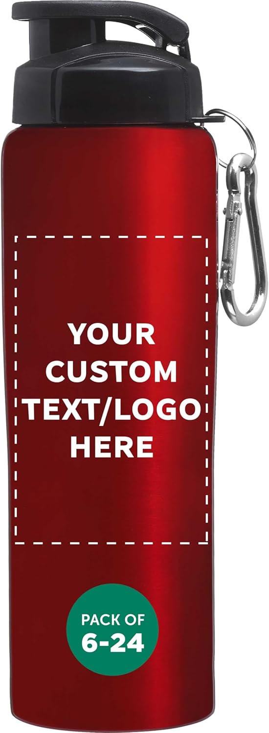 DISCOUNT PROMOS Custom Sicilia Stainless Steel Sports Bottles 27 oz. Set of 6/12/24 Personalized Bulk Pack Non Insulated Great for Gym Hiking Cycling - Red