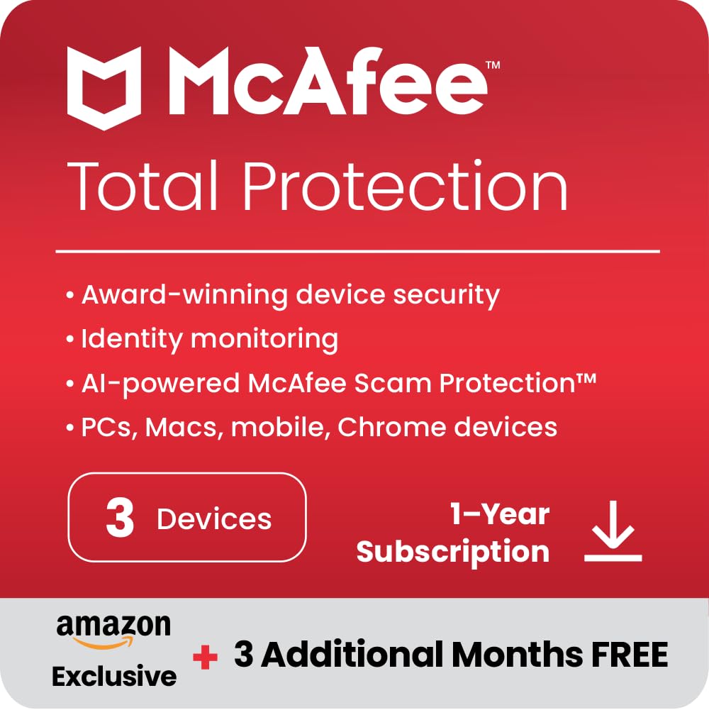 McAfee Total Protection 2025 | 3 Device | 12 Months + 3 Months Free Subscription| Antivirus Software, Internet Security, Password Manager, Identity Monitoring, Privacy & Scam Protection [Digital Code]