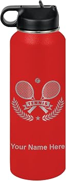 LaserGram Personalized Water Bottle, Tennis Rackets, Stainless Steel Double Wall Vacuum Insulated with Flip Top Straw, Custom Engraved Gift (40oz / 1180ml Red)