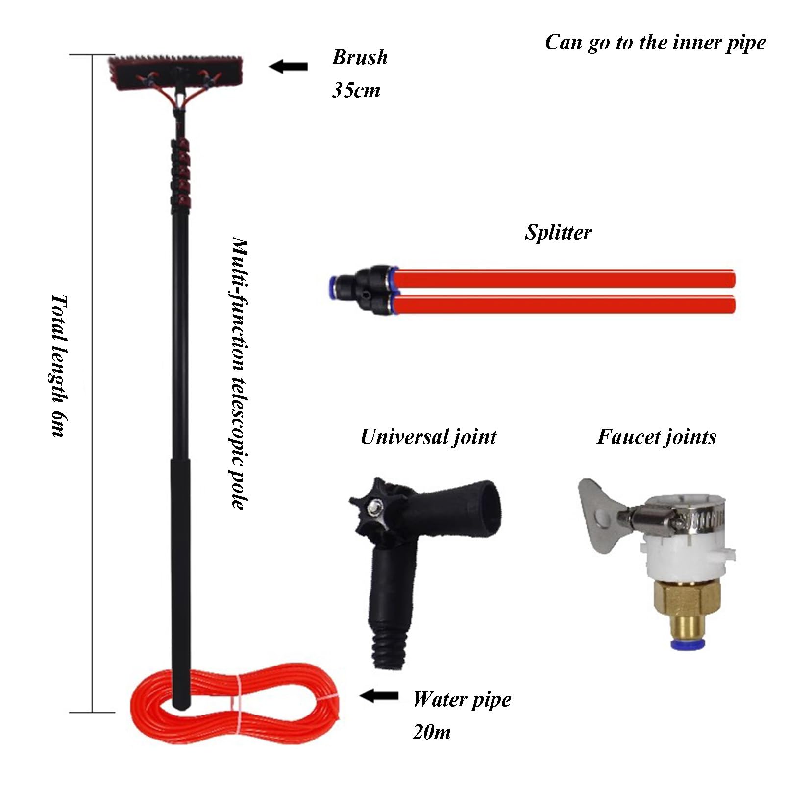 Pértiga metálica Extensible con Cabezal Giratorio Ajustable y Manguera de 20 m. Cepillo telescópico para Limpiar Azulejos, Suelos, Coches, baños, Pantallas y Parabrisas