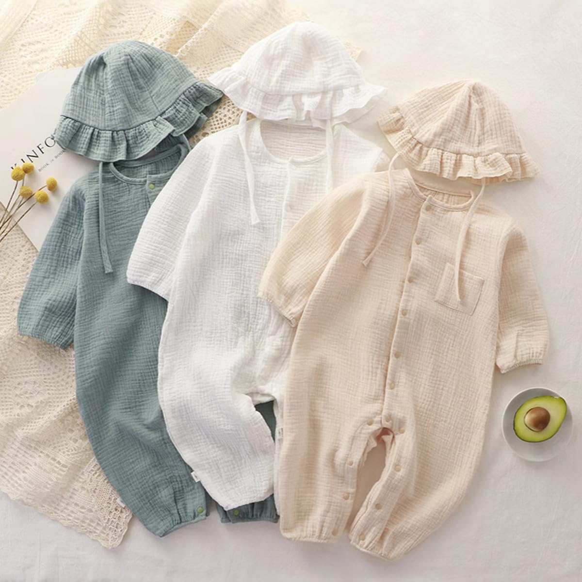 Neugeborenen Baby Jungen Mädchen Baumwolle Leinen Strampler Sommer Musselin Langarm Bodys Kleinkind Einteiliger Jumpsuit Overall mit Beanie Hut Baby Onesie Outfit 0-24 Monate