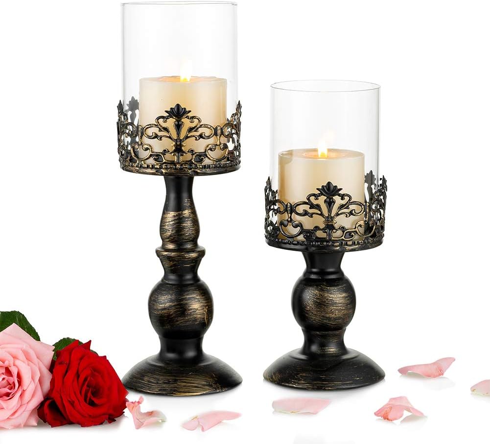 NUPTIO Set of 2 Candle Holders for Pillar Candles with Glass Cover, Antique Metal Hurricane Candlestick Perfect for Christmas Halloween Home Wedding Party Fireplace Dining Table Centrepiece Decor