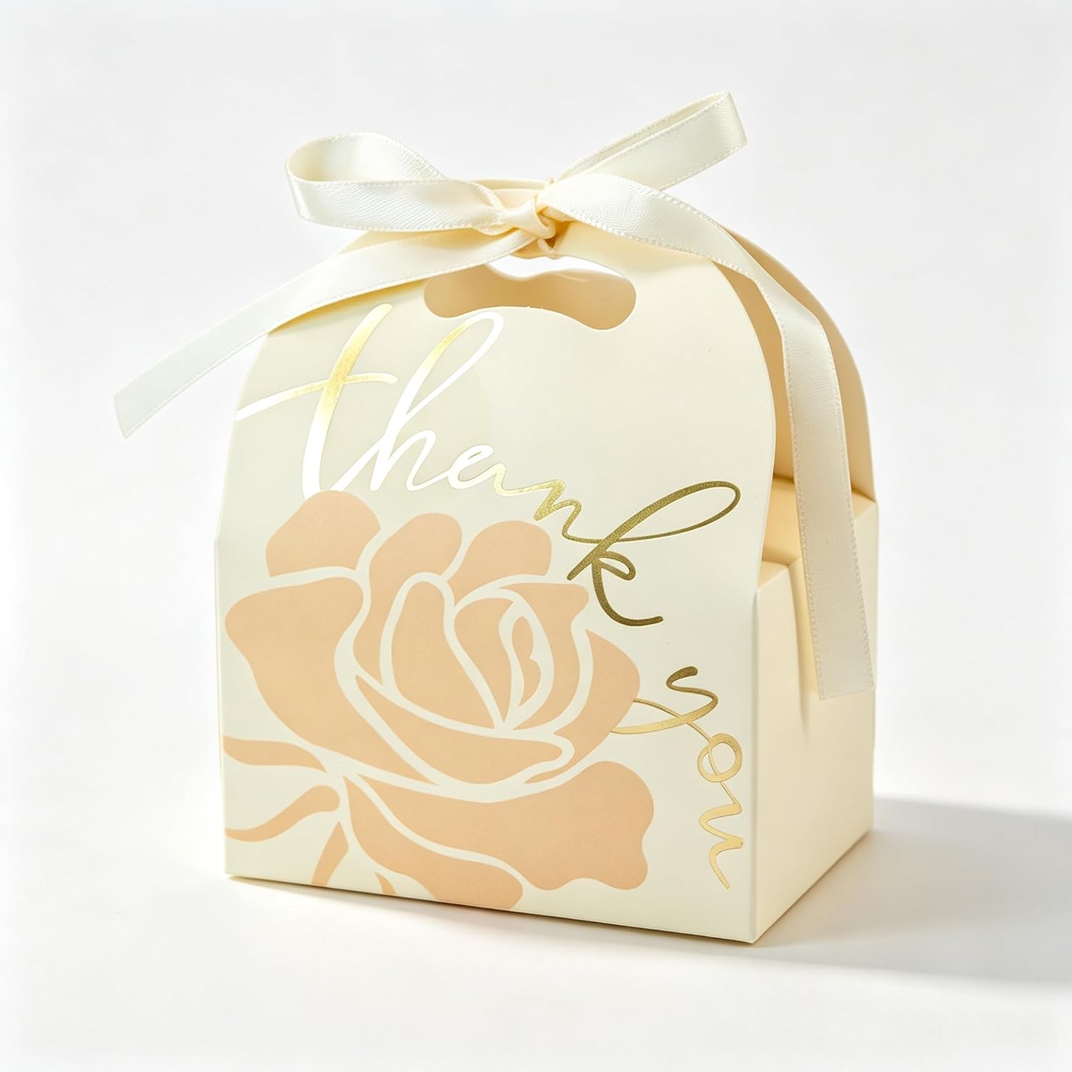30 PCS Set Rose Thank You Party Favor Boxes with Satin Ribbon, 5.12×3.94×2.56 Inch Foldable Gift Candy Treat Boxes, Wedding Bridal Shower Birthday Banquet Guest Thank You Gift Boxes (Champagne Ivory)
