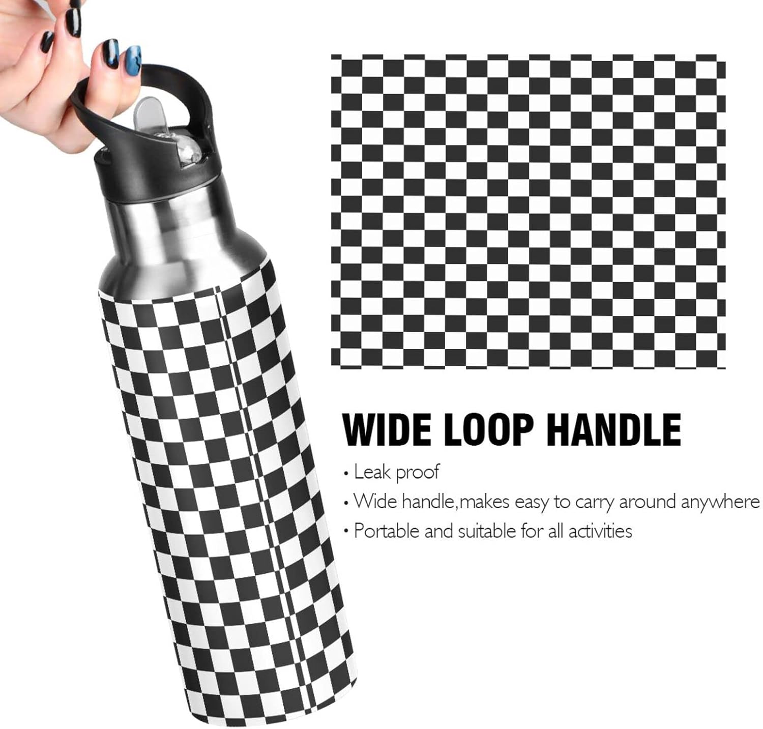 Black White Checkered Pattern Water Bottle Kids Insulated Boys Girls Stainless Steel Straw Lid 20 oz Hot Cold Water Flask School Sport - Image 2
