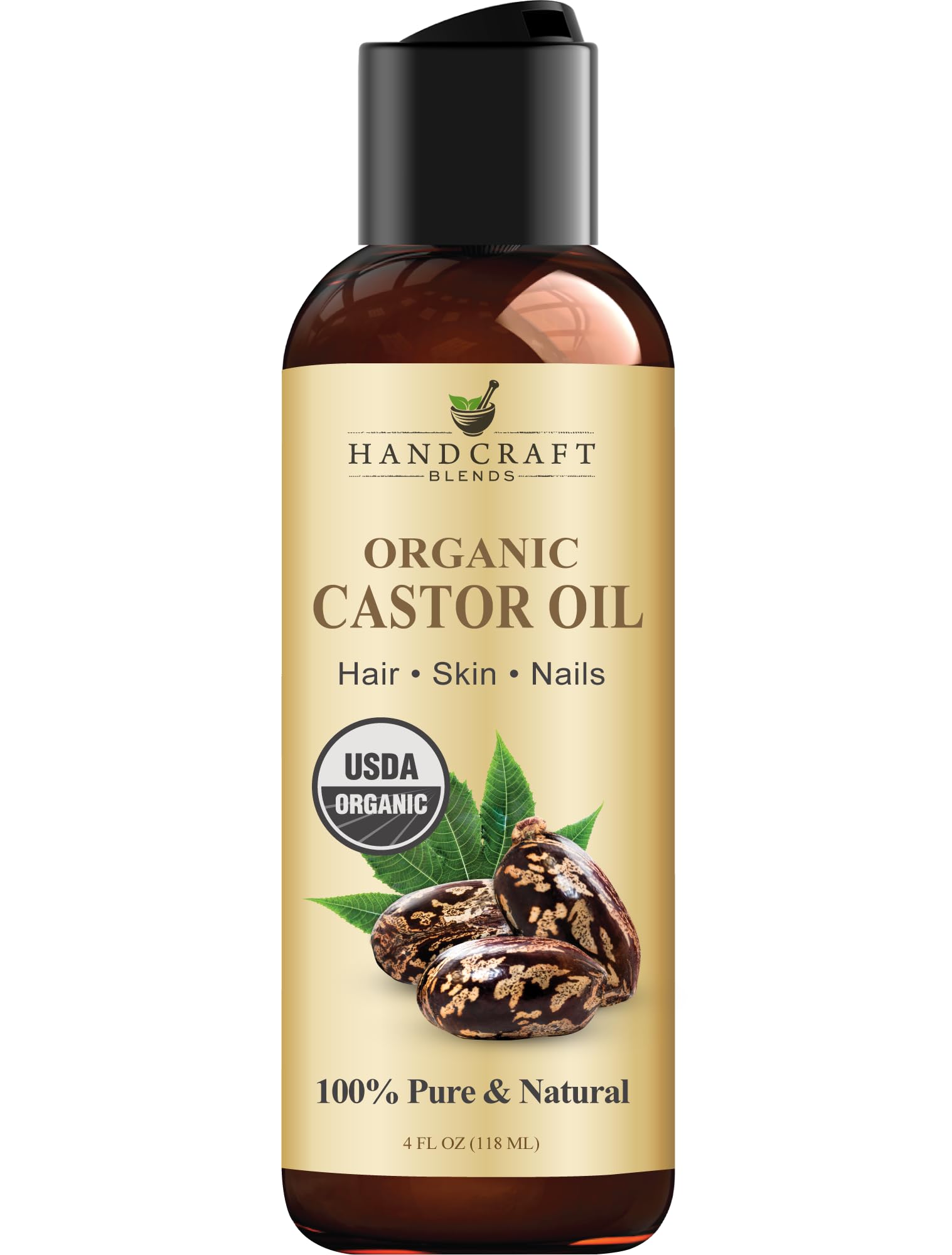 Handcraft Blends Organic Castor Oil 4 Fl Oz | 100% Pure and Natural | Premium Grade Carrier Oil | Hair, Eyelashes and Eyebrows | Hair and Body | Expeller-Pressed | Hexane-Free