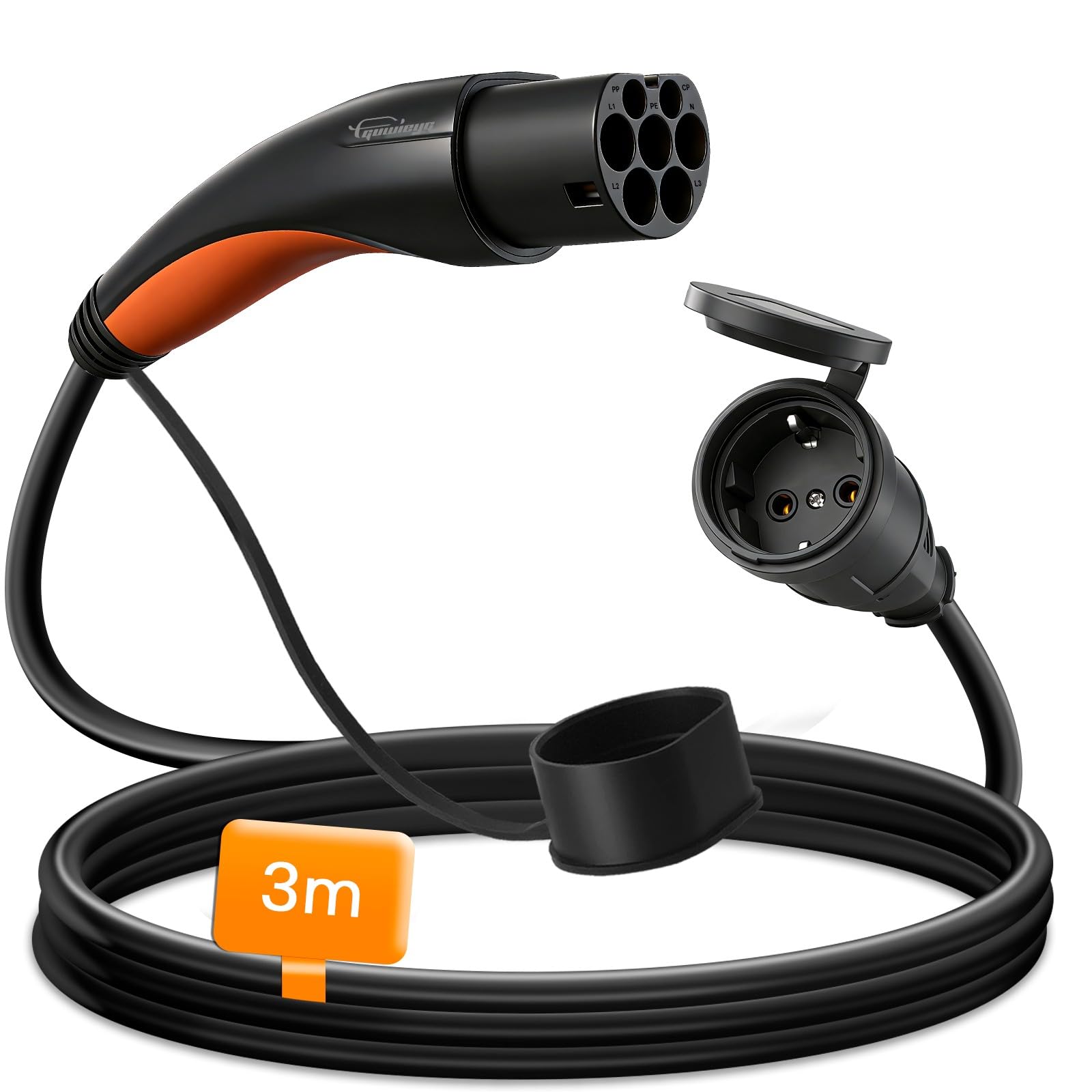 typu 2 do Schuko Adapter, maks. 16 A, 3,5 kW, 3 m, kabel typu 2 do Schuko do stacji ładowania lub wallboxów do motocykli elektrycznych i rowerów elektrycznych