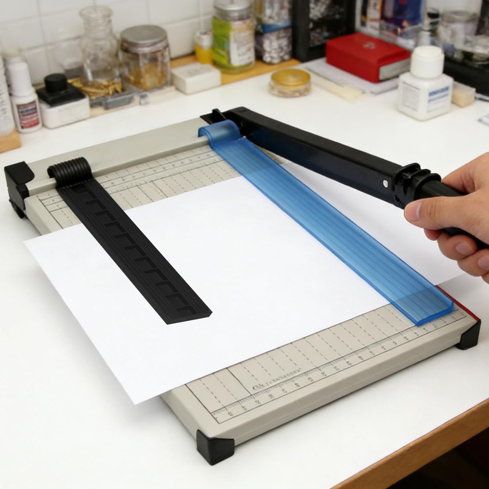 Papierschneider A4 Hebelschneider Schneidemaschine Papier Metall Multifunktional Papierschneidemaschine für Papier Etiketten Pappe Karten Fotos A4 Paper Cutter Machine