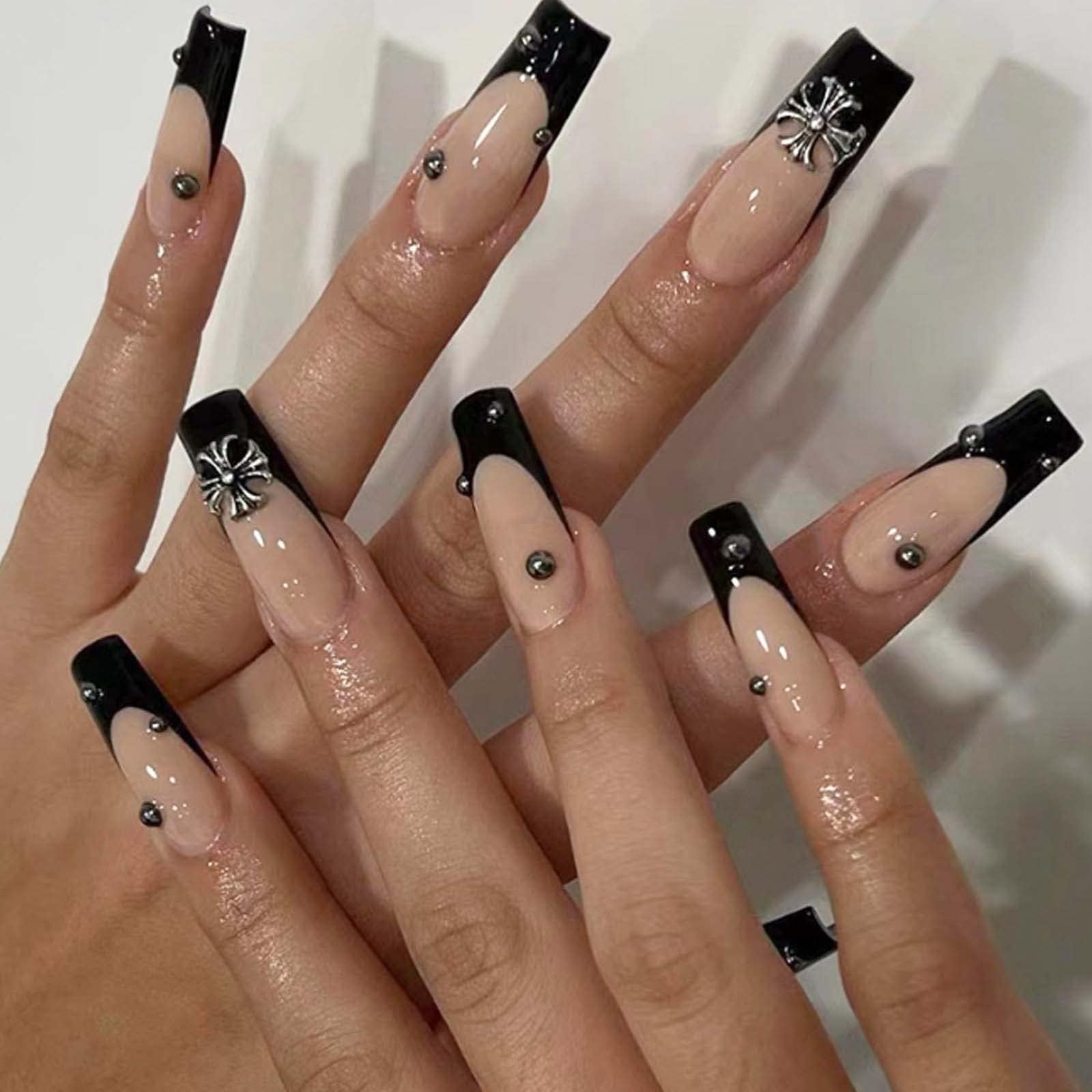 Hkanlre Black Press on Coffin Nails Tips Ballerina Long Fake Nude Nails Full Cover Pearl False Nails for Women and Girls 24PCS