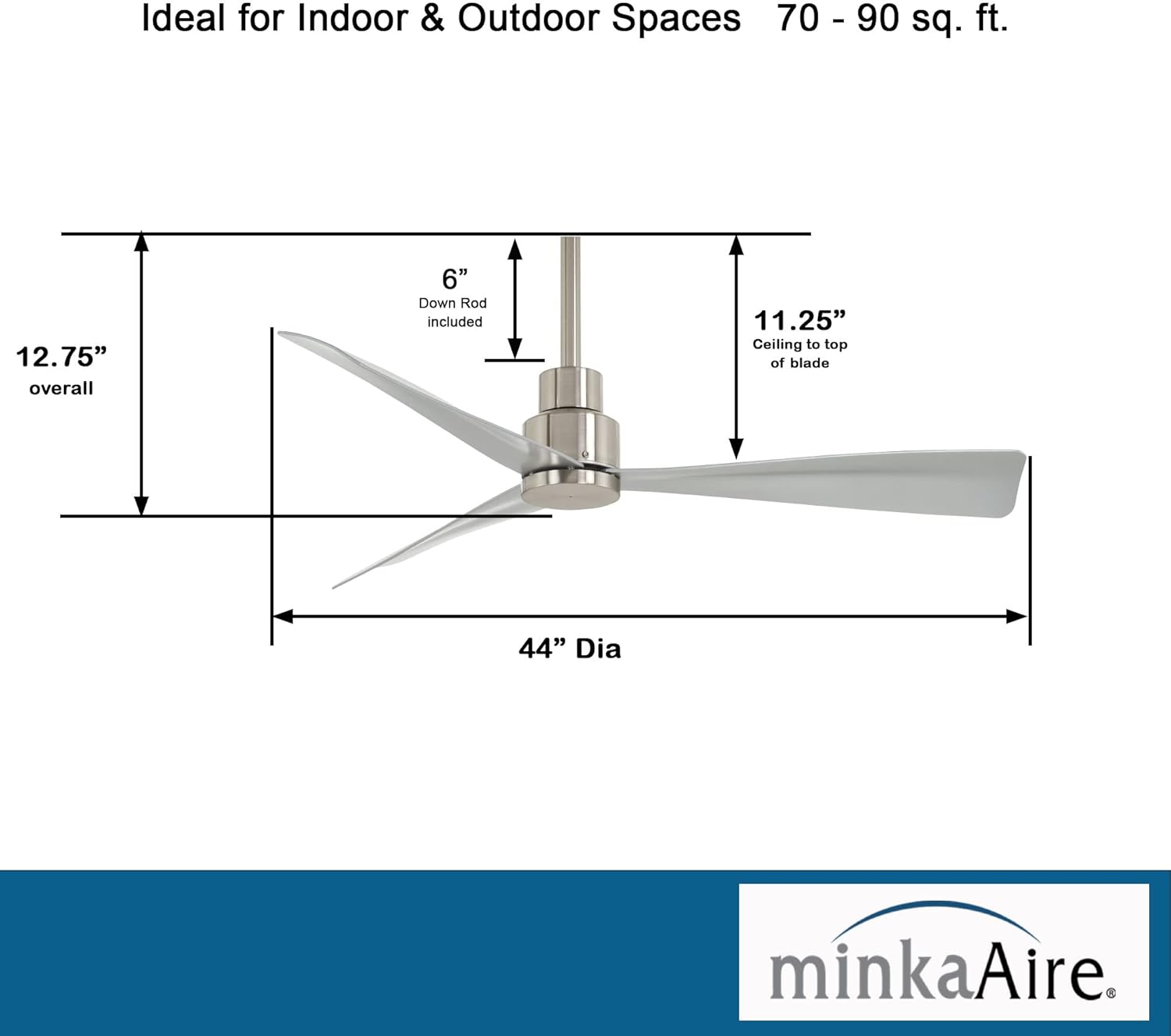 Minka Aire F786-BNW Simple - 44" Ceiling Fan, Brushed Nickel Wet Finish with Silver Blades and Additional Wall Control