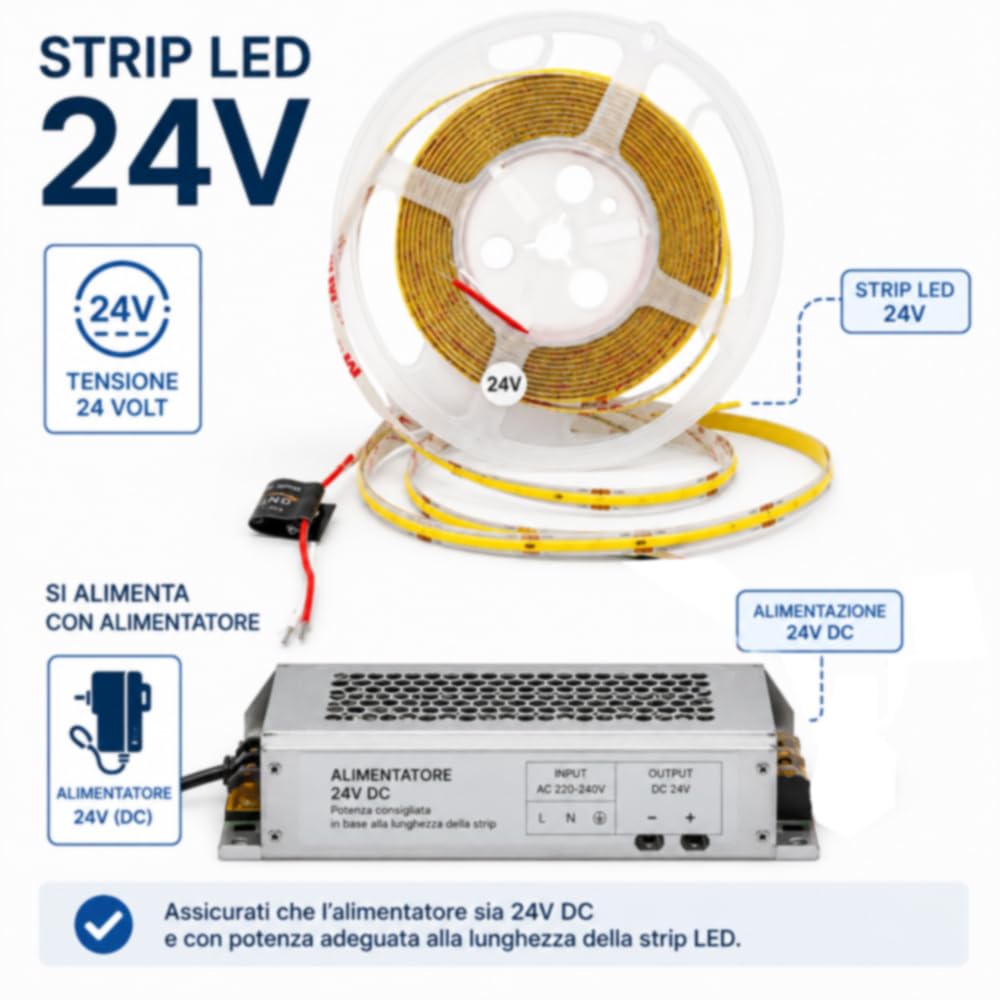 Vetrineinrete® Striscia LED COB 24V 500W strip 50Mt illuminazione uniforme (3000, Kelvin)