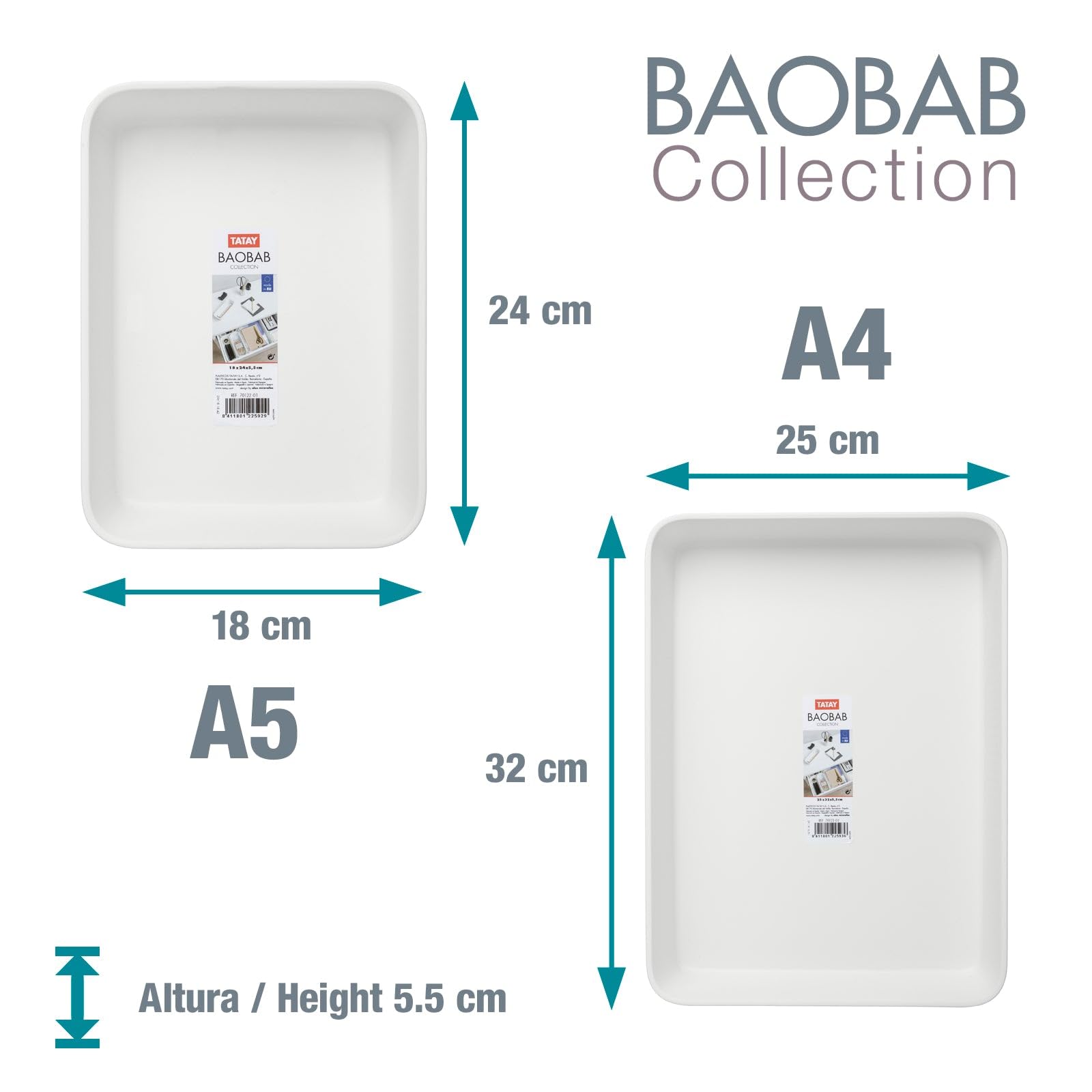 Tatay Caja Organizadora A4 Baobab | Cesta Almacenaje Plastico | Diseño Elegante Funcional | Orden Hogar y Oficina | Plástico Reciclado Libre de BPA | 24,7x33,6x5,6 cm, Blanco