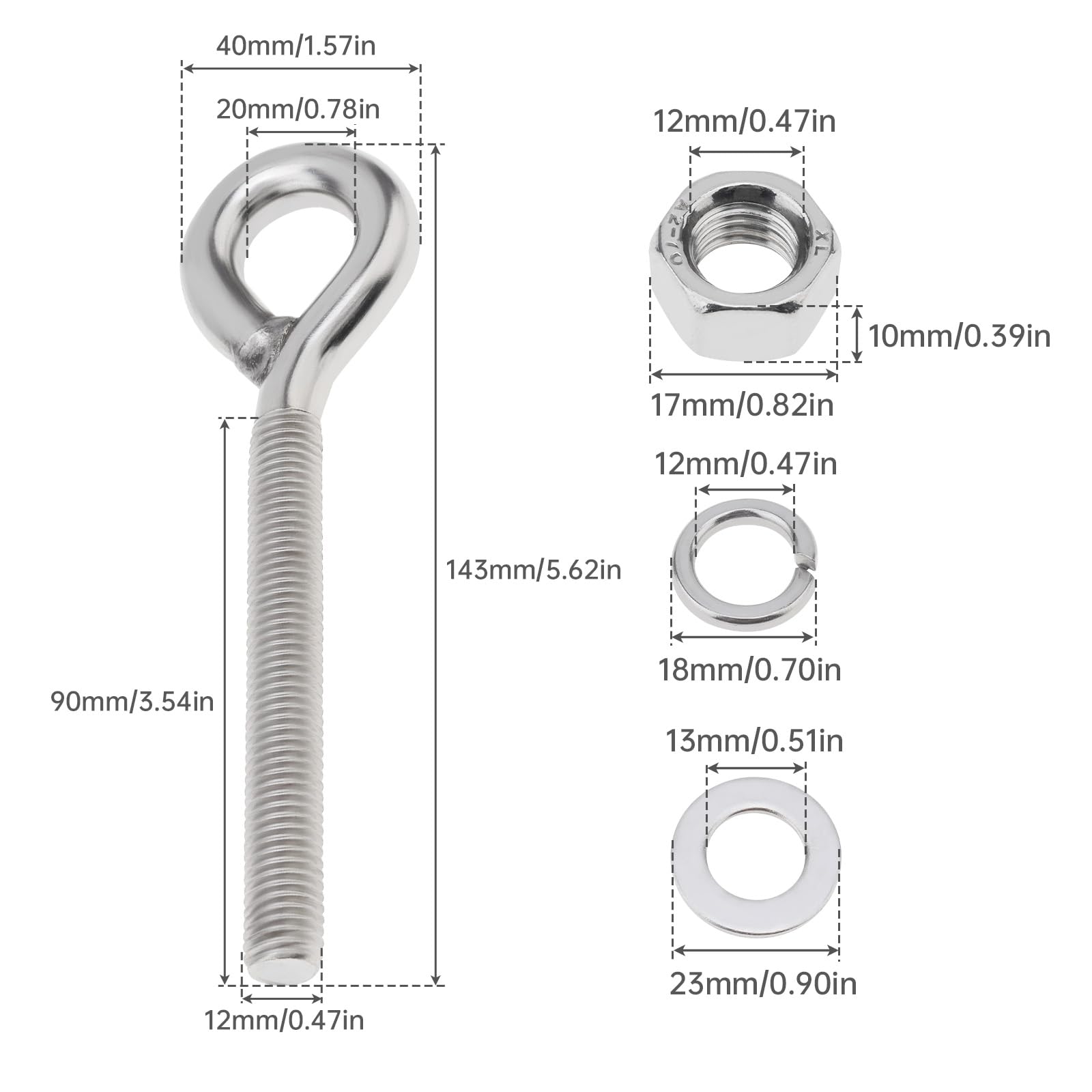 Smgda 2Pcs M12 x 90mm Eye Bolt, 304 Stainless Steel Lifting Eye Bolts with Nuts, Washers, Heavy Duty Long Shank Threaded Eyebolts for Hanging Item - Image 2
