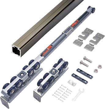 Sliding Pocket Door Roller Hardware,70Track,Bilateral 8-Wheel Dual Damping | Smooth sliding with dual hydraulic soft close dampers,anti-slam,pinch-safe operation,Heavy Duty Hanger Maximum Load 176 lbs