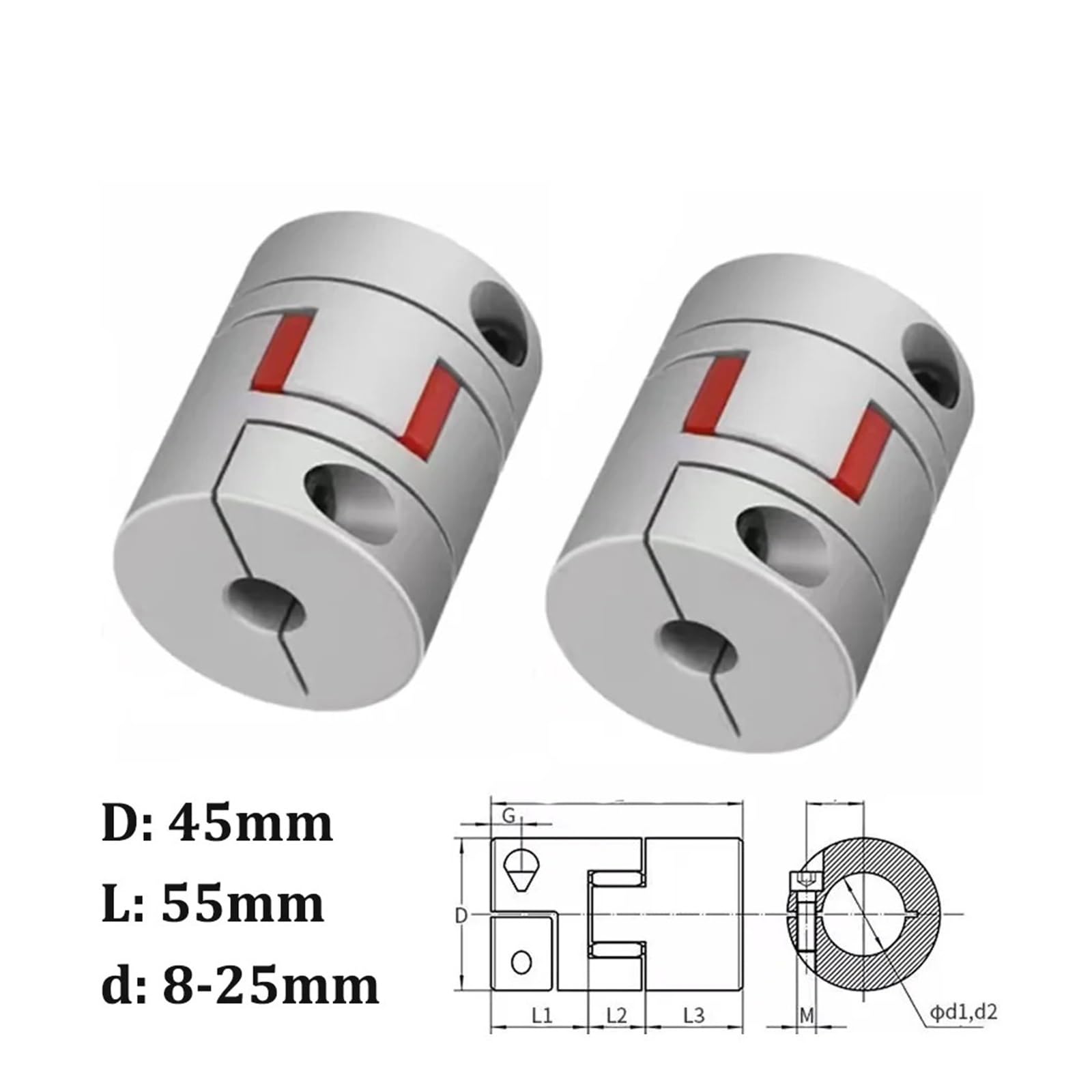 Pflaumenwellenkupplung 1 Stück D45 L55 Backenwellenkupplung, Spinne, flexibler Motor, Aluminium-Plum-Kupplung, Encoder-Anschluss, Bohrung 8–25 mm(15x15mm)