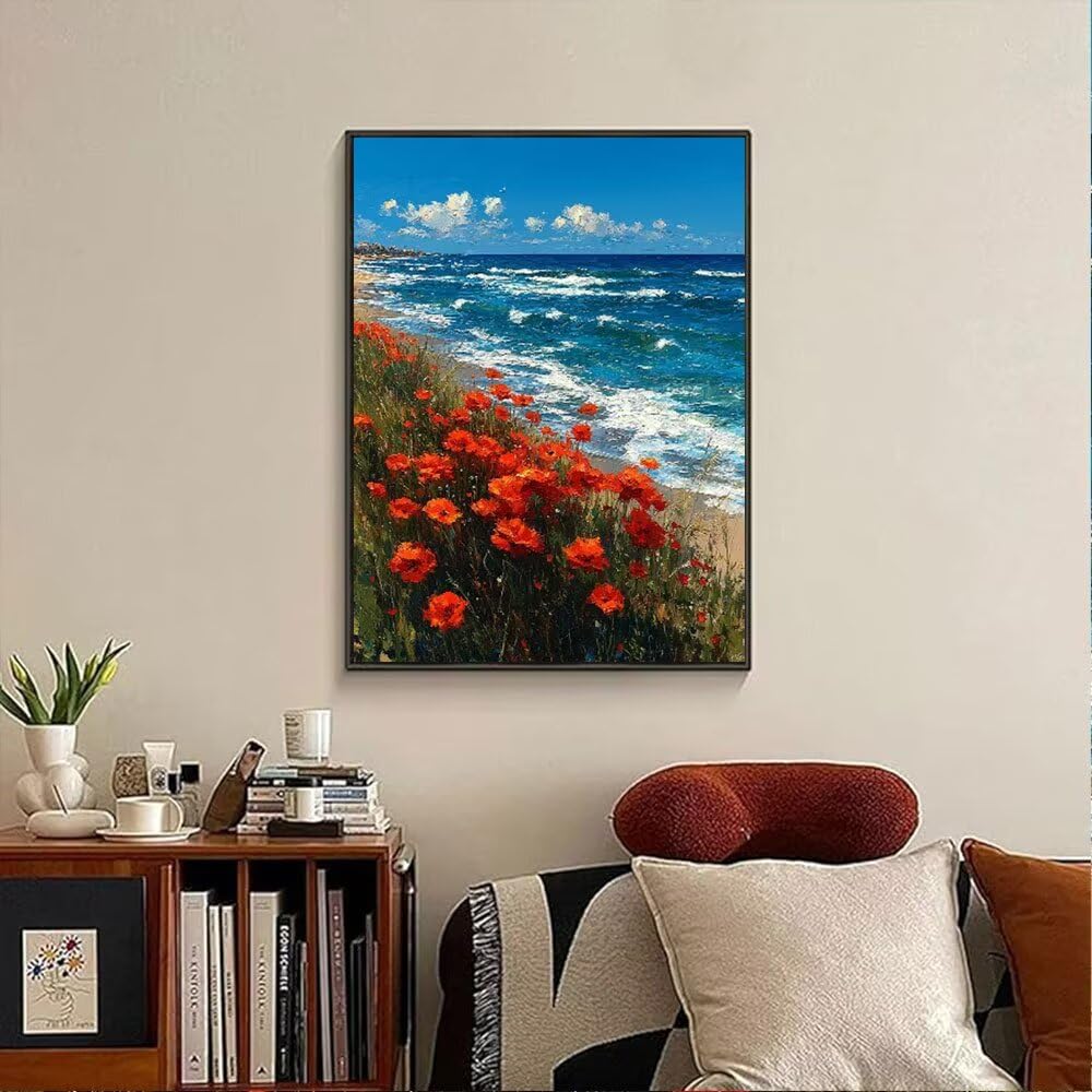 Krajobraz Plaża Kwiaty Diamentowe Malarstwo Zestawy Dorosłych, 5D Okrągłe Diamenty Malarstwo Dzieci Malarstwo, Diamant Art Haft Cross Stitch Obrazy, Mozaika Sztuka Do Dekoracji Ściany 70x90cm HJ8360