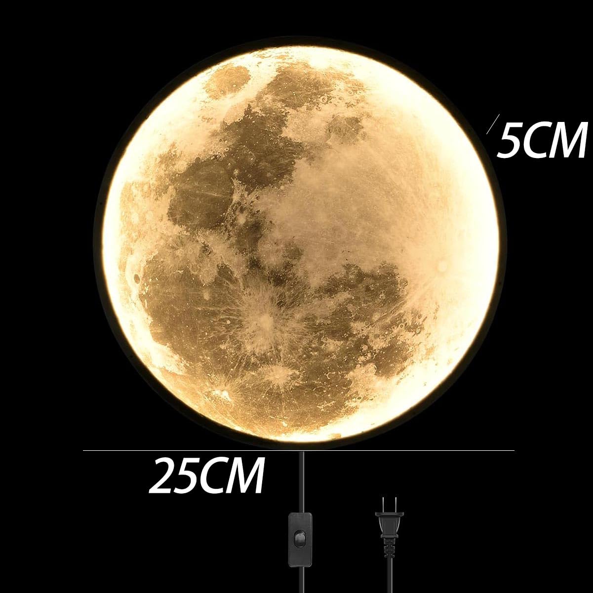 Lampa Ścienna LED Moon z Pilotem Ściemnialna Okrągła Lampka Księżycowa Ścienna z Przełącznikiem i Wtyczką Kablową Lampa Ścienna Wewnętrzne Dekoracyjne Oświetlenie Ścienne 3D Lampa Nocna,24CM
