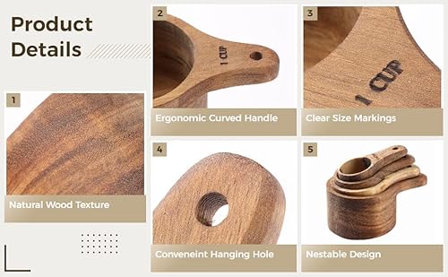 Wood Measuring Cup Set Of 4, Nestable Natural Wooden Measuring Cups, 1, 1/2, 1/3, 1/4 Cup Sizes, Kitchen Utensils For Measuring Flour, Sugar, Spices, Nuts, Baking Cooking Tools #TOP6