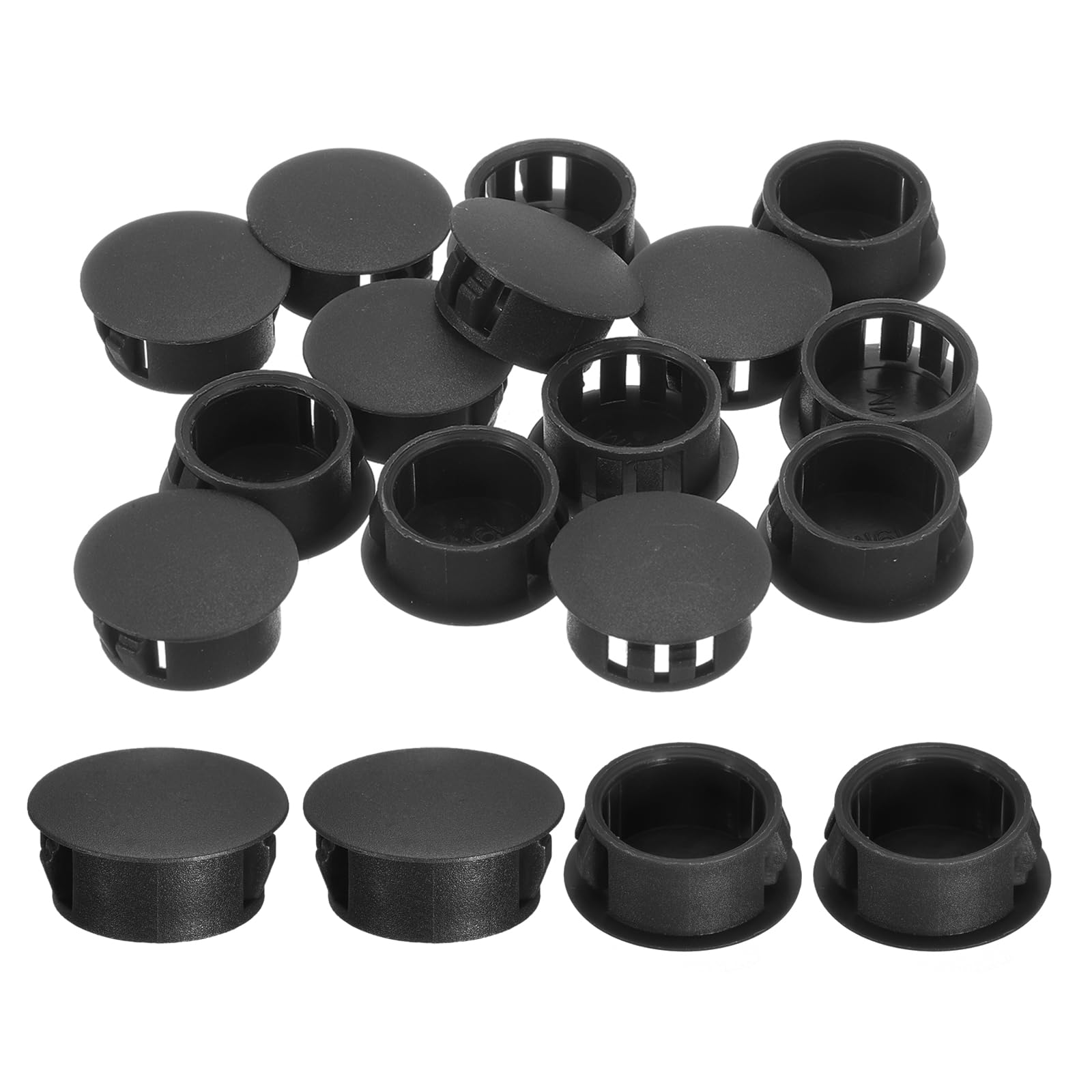 sourcing map 28Pcs 19mm(3/4") Nylon Hole Plugs, Flush Type Panel Round Snap in Fastener Knockout Locking Plugs for Furniture Insert End Caps Panels, Black