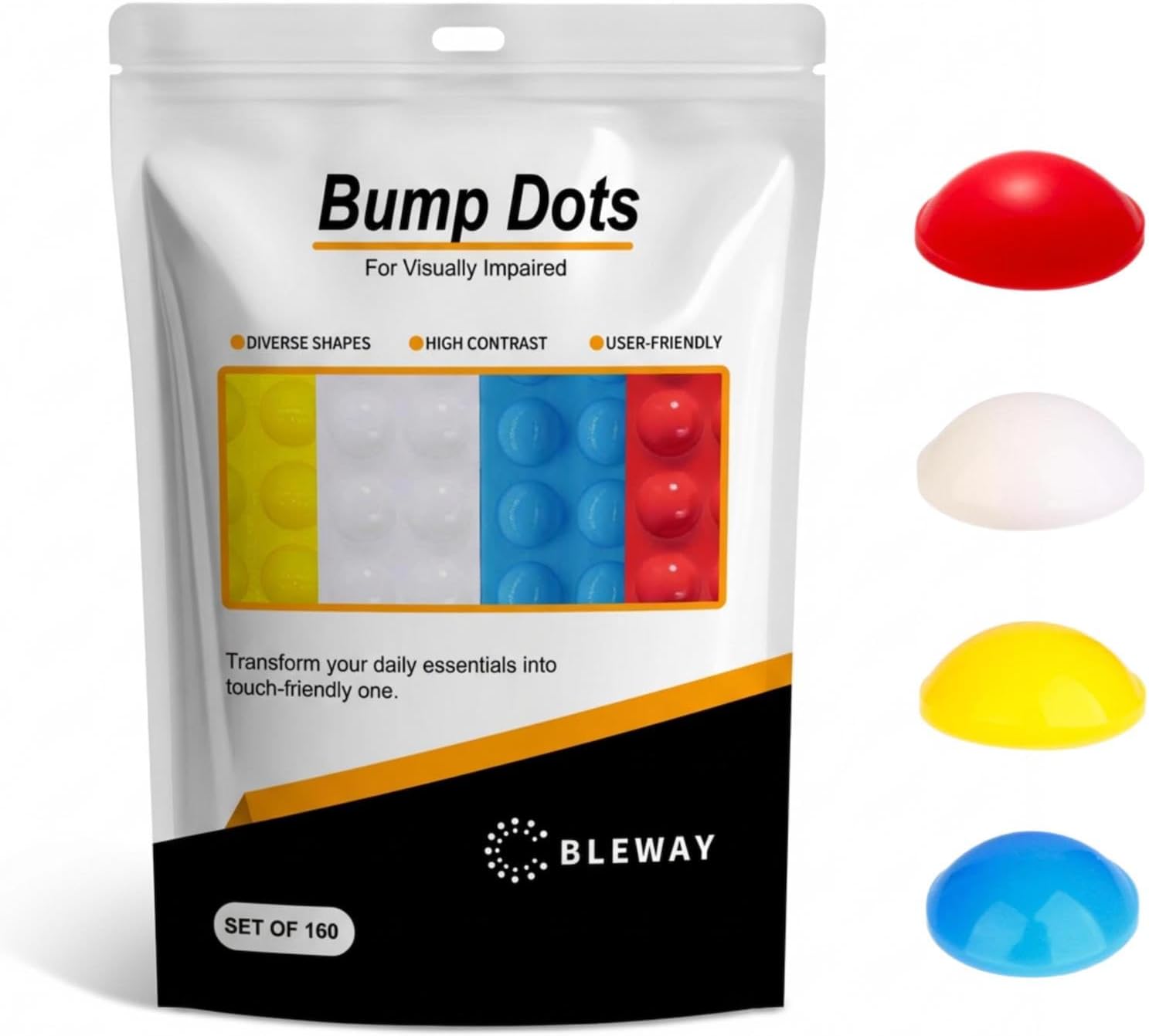 Bump Dots for Visually Impaired 160 Pcs Hemisphere Combo Pack(Yellow,Blue,White,Red) - Low Vision Aids Braille Stickers Raised Tactile Dots for Elderly, Blind