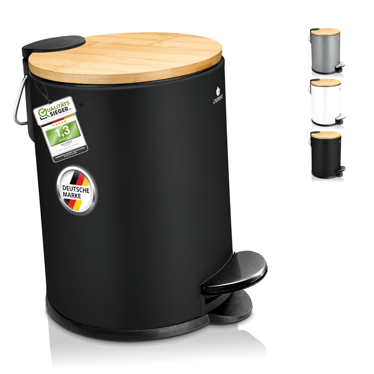Exitoso kleiner Mülleimer Bad schwarz - Kosmetikeimer 3L Bambus rutschfest - Tretmülleimer Bad aus Edelstahl mit Softclose Deckel - Badmülleimer Kosmetikeimer schwarz Bad Mülleimer Badezimmer