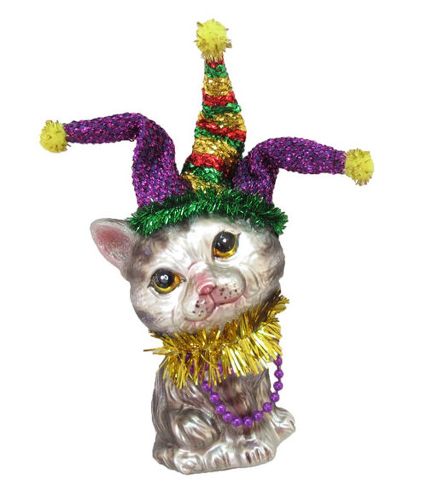 December DiamondsGlass Ornament - Grey Tabby Cat with Jester Hat, Marti Gras Theme