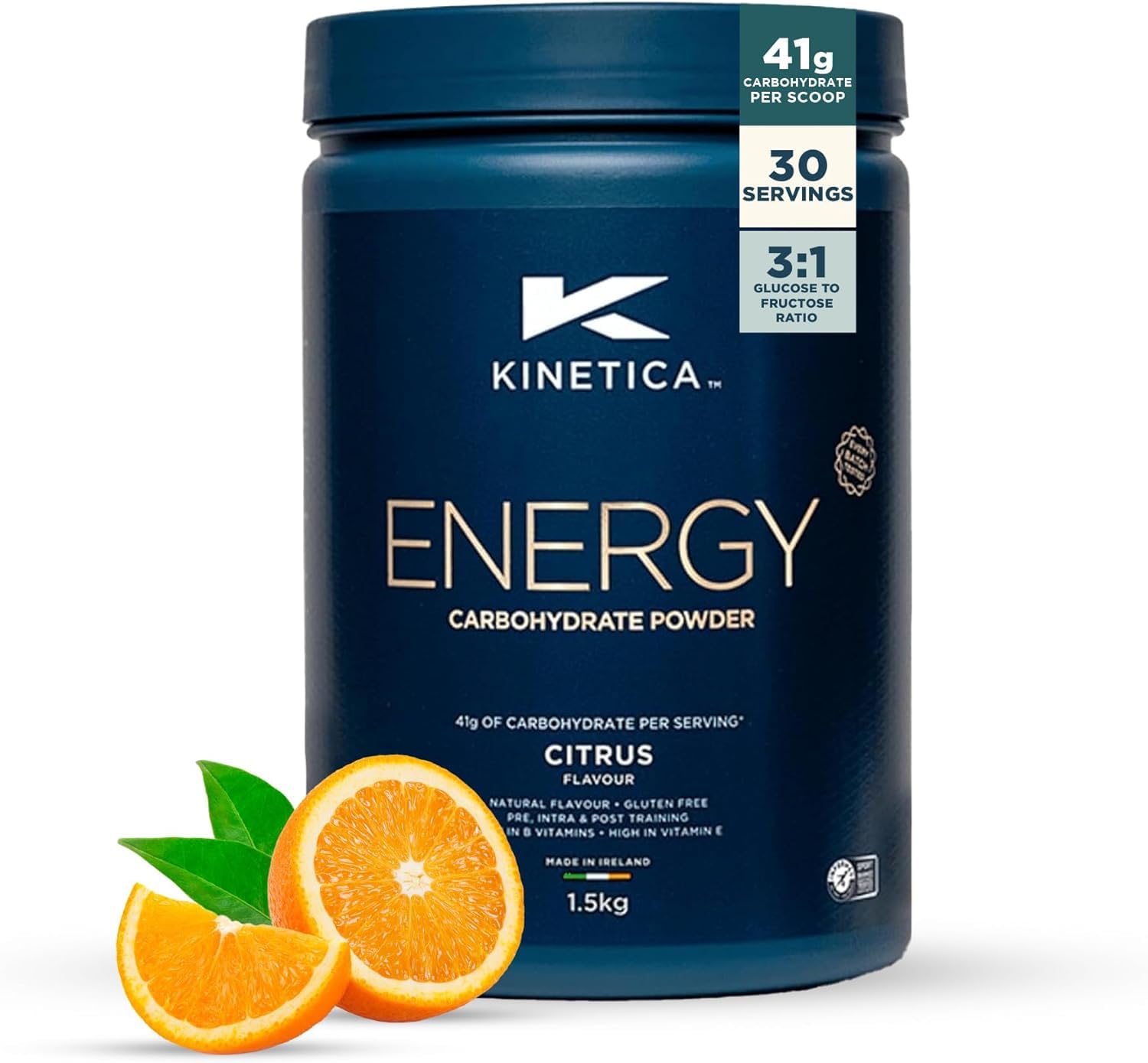 Polvere Kinetica Energy, agrumi, 1,5 kg, 30 dosi, bevanda di carboidrati con un’aggiunta di vitamine B. Rapporto di glucosio e fruttosio 3:1