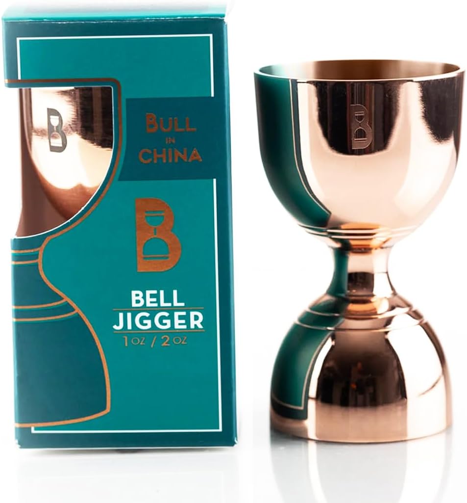 Double Bell Jigger by Bull In China - Premium 100% Copper with 0.25oz to 2oz Measures for Cocktails, Bars & Bartenders
