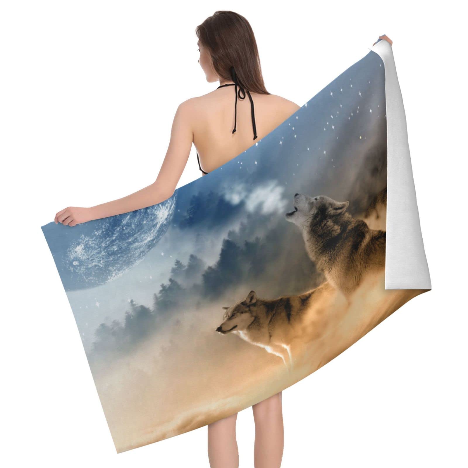 Lawenp Animal Wolf Beach Towel, Lightweight Sand Free Quick Dry Microfiber Absorbent Bath Towel for Kids, Adults, Swimming, Bath, Yoga, Pool, Travel, Camping 32"X52"