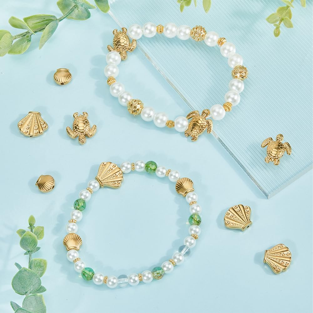 Beebeecraft 12Pcs 3 Styles Tortoise Seashell Beads 18K Gold Plated Sea Animal Spacer Loose Bead Findings for Summer DIY Jewelry Necklaces Bracelets Earrings