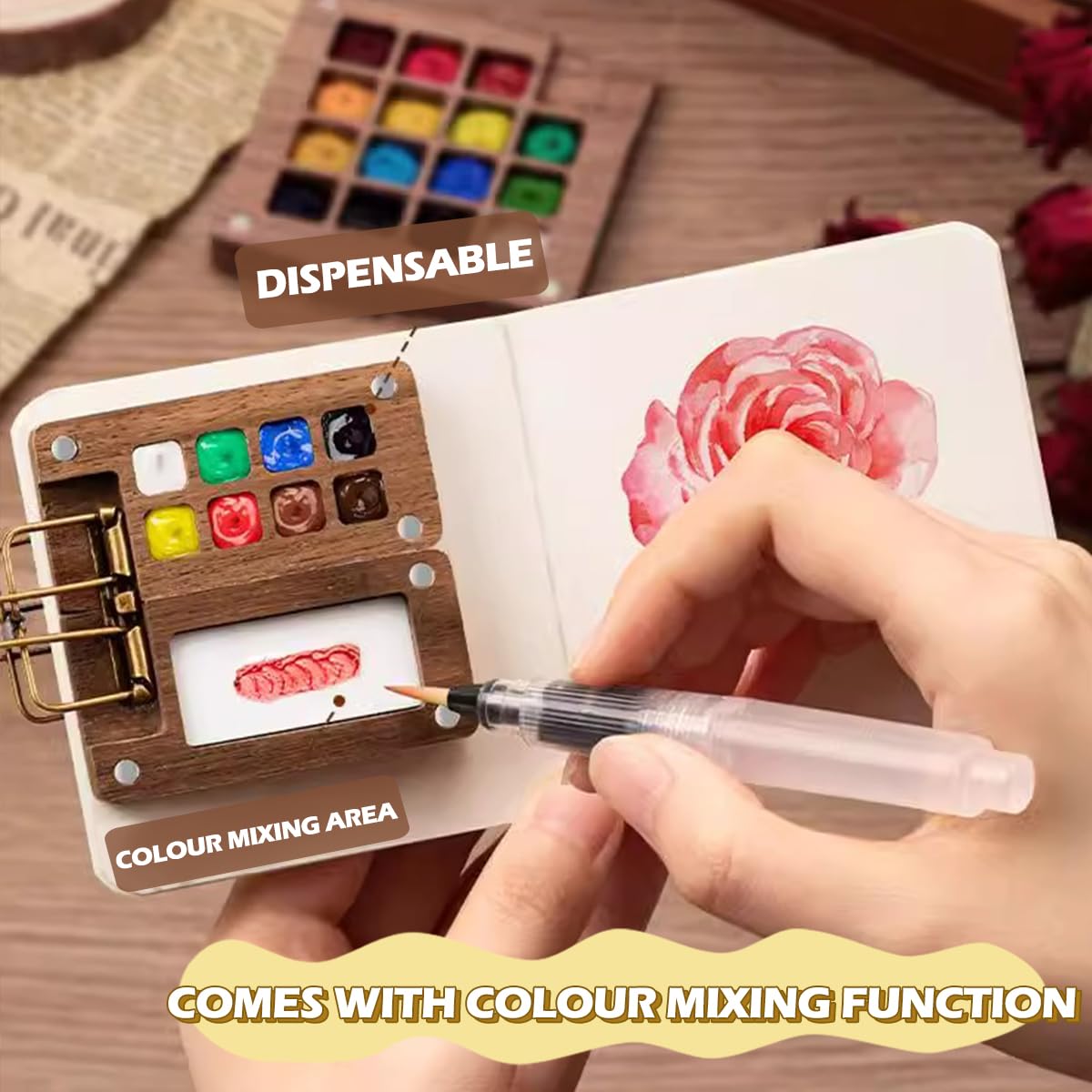 Mini Paint Set, Mini Watercolor Paint Set, Pocket Artist Watercolor Travel Set, Pocket Watercolor Set, Travel Watercolor Set, 2025 Wooden Grid Paint Palette With Clip, Drawing Paper(15 Grid Set - View #6