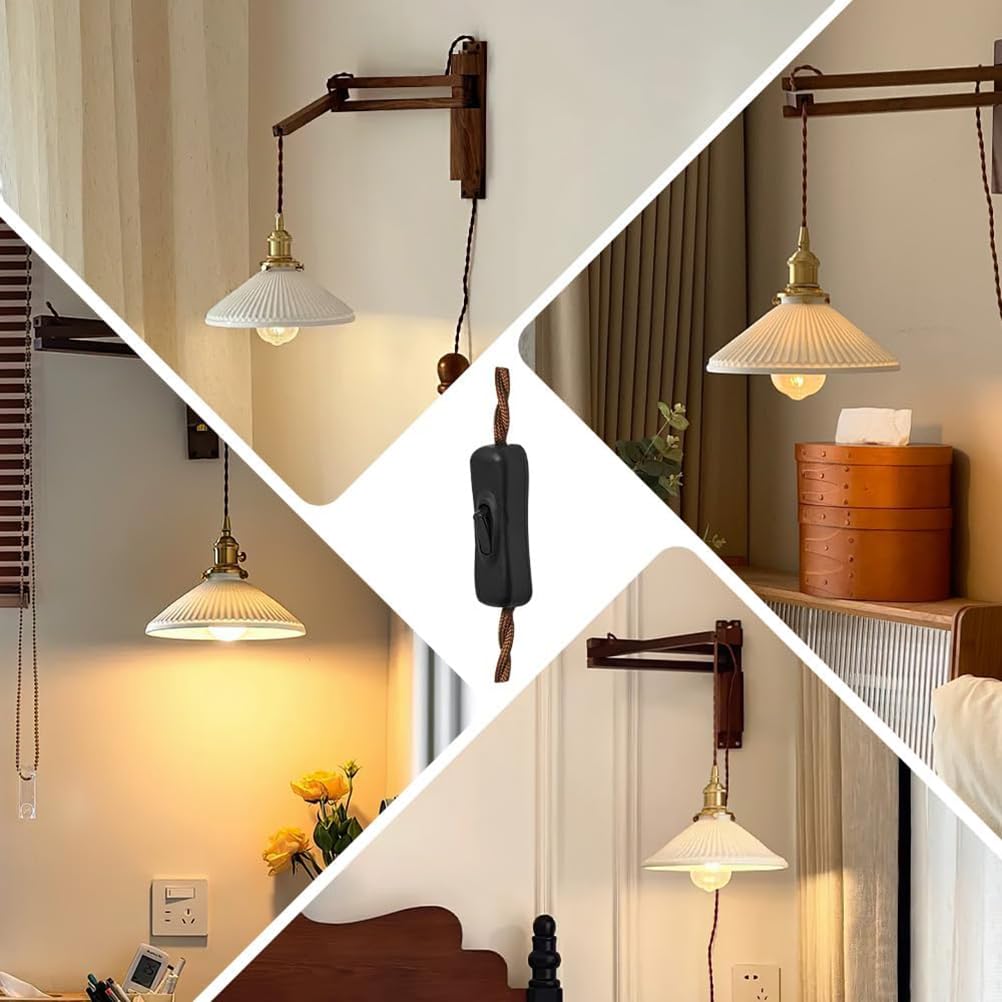 AoLa Holz Wandlampe E27 Innen Schwenkarm Wandleuchte mit Schalter und Stecker vintage Industriell Nachttischlampe mit Kabel Einstellbar Langer Arm, Keramik Lampenschirm Leselampe