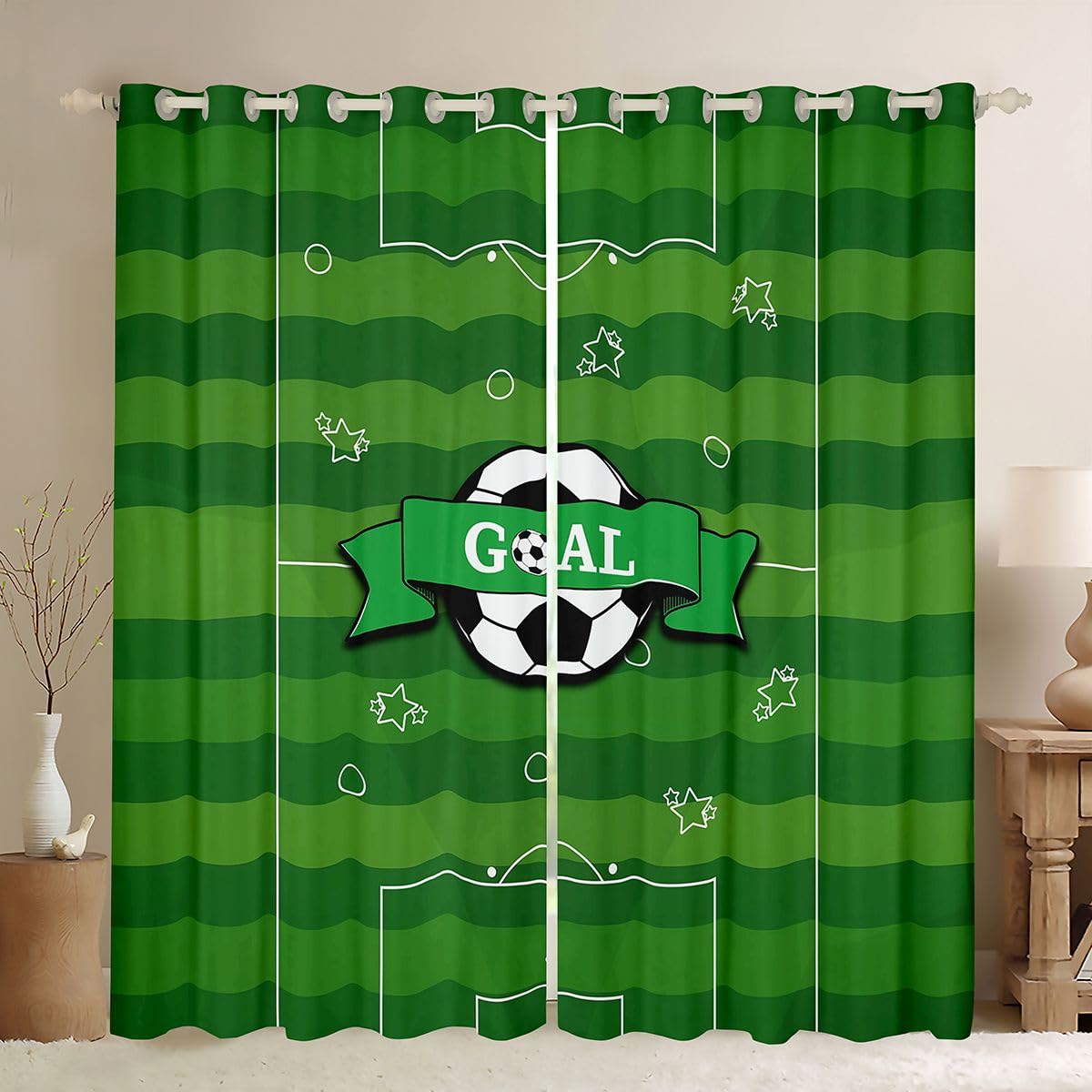 Homewish Soccer Green Gaming Football Court zasłony okienne 117 x 183 cm 2 zestawy paneli – sześciokątne zasłony zaciemniające o strukturze plastra miodu w paski zasłony okienne zasłony sportowe