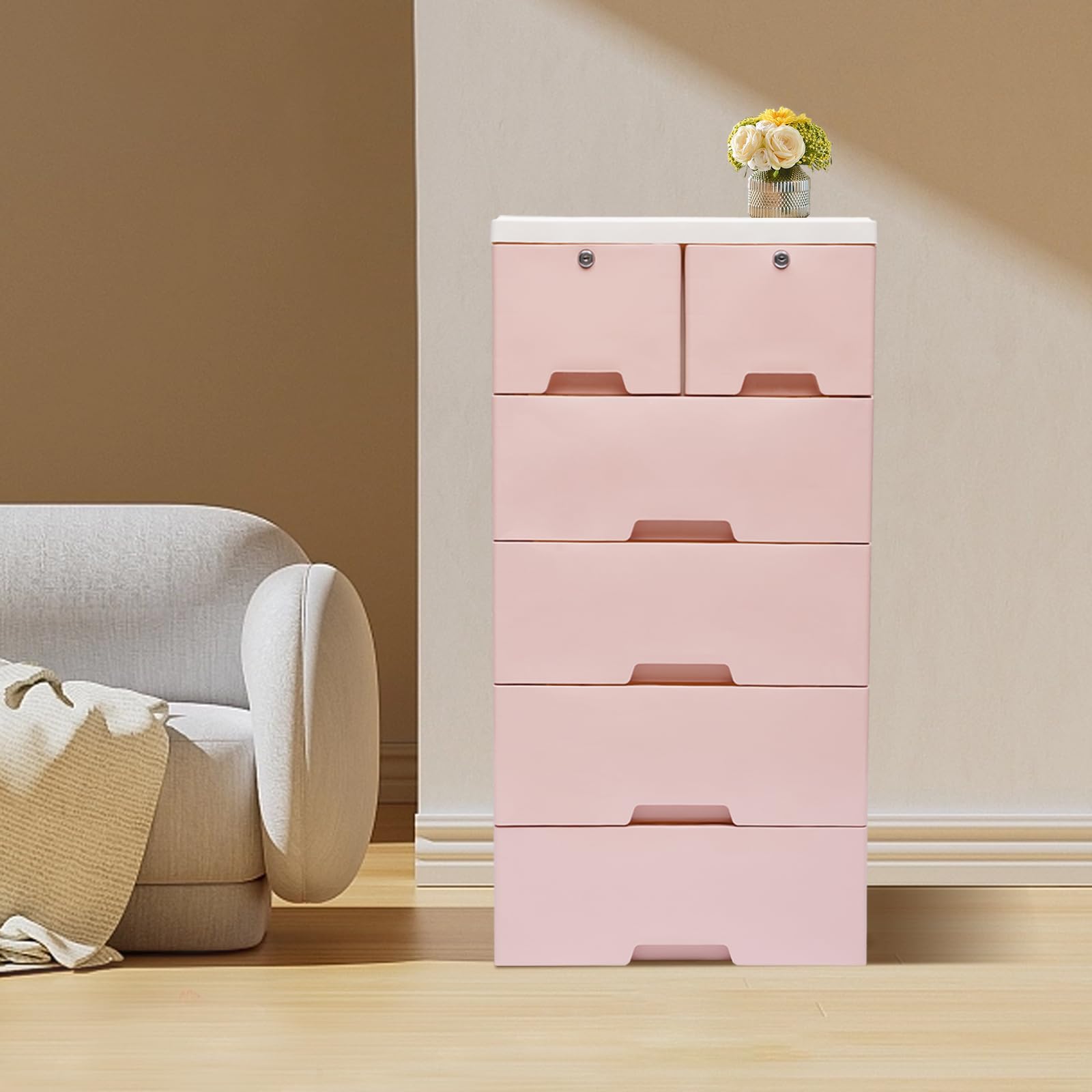 Cassettiera su ruote, 6 cassetti grandi, in plastica PP, per cucina, bagno, soggiorno, ufficio, 102 cm (rosa)
