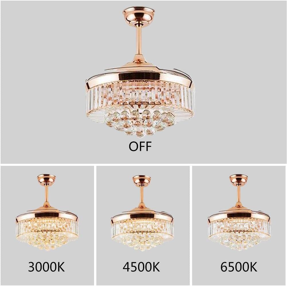 MORE CHANGE 42" Luxury Crystal Ceiling Fans with Lights Retractable Blades Remote Control Modern LED Chandelier Fan 3 Speeds 3 Color Changes Lighting Fixtures, Silent Motor with LED Kits(Gold)
