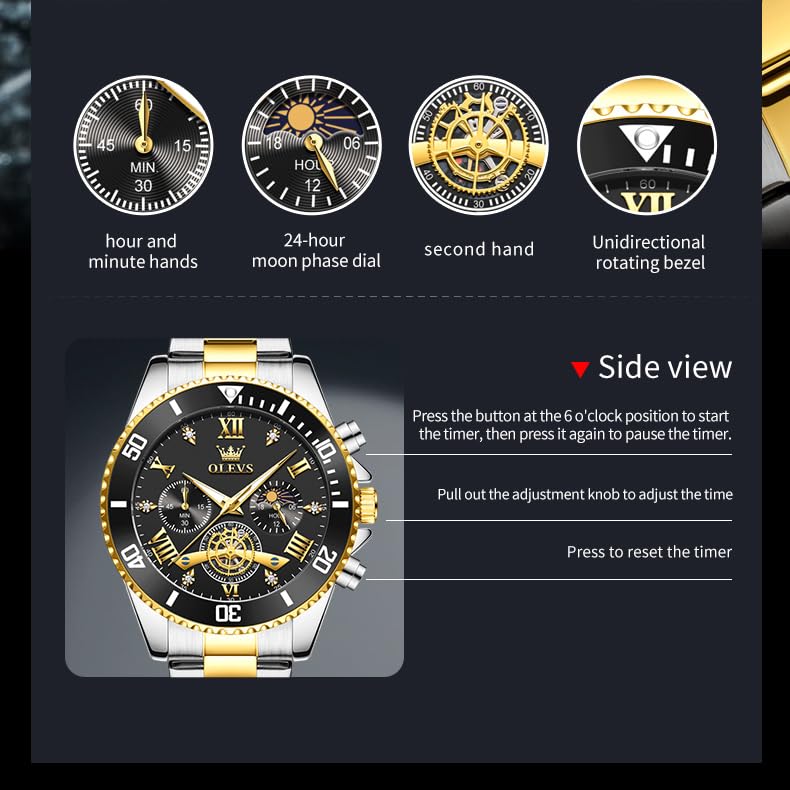 Image of OLEVS Mens Watches Chronograph Luxury Dress Moon Phase Two Tone Stainless Steel Waterproof Luminous Business Calendar Wrist Watch