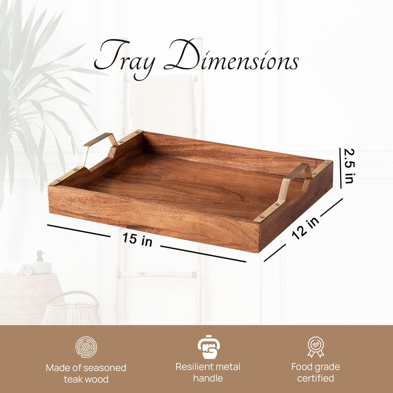 Nestroots Tray for Serving Wooden Tray for Serving Set of 2 Tea Trays for Serving Platter | Server for Dining Table Gold Handle | Brown, 15 x 12 inches - Image 3 thumbnail