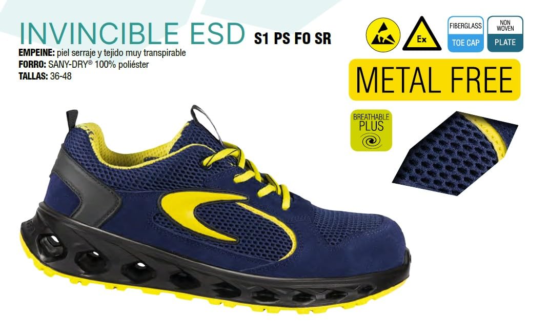 COFRA Invincible ESD Zapatos de Seguridad Laboral, Azul y Amarillo, Metal Free, Antiestático, Transpirable, Puntera de Fibra de Vidrio Obervaciones: Ejem. T-42 equivale a 42,5 Aprox.