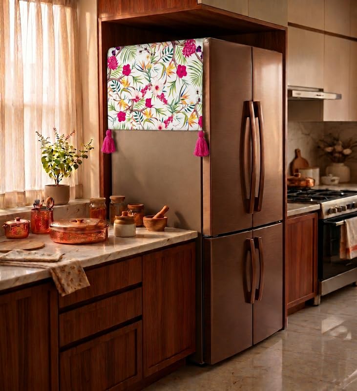 Image of WWW.THROWPILLOW.IN Four Door Fridge Top Cover|Big Size Fridge Cover With Corner Tassels 4 Door Fridge 400+ L|Refrigerator Cover Dustproof Fridge Top Mat|Floral 450 GSM Durable
