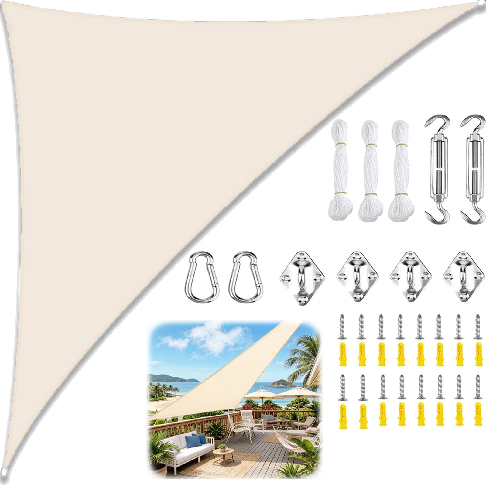 Tenda a Vela Triangolare, Vela Ombreggiante Triangolare Impermeabile con Kit di Fissaggio Corda, Tenda da Sole Telo Parasole Ombreggiante per Giardino Patio Piscina-Creamy-white||3x4x5M